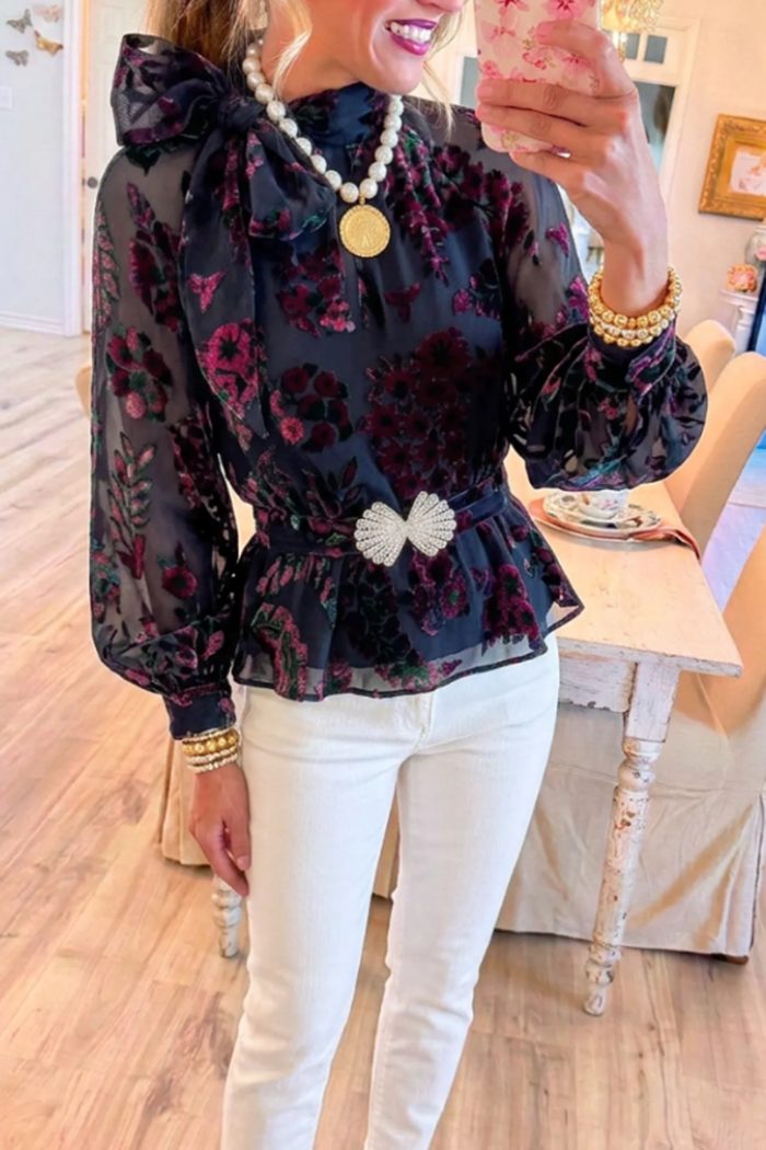 Black Floral Side Bow Peplum Top
