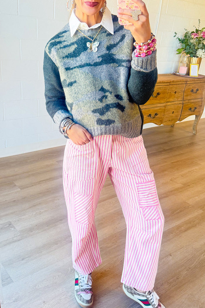 Pink Stripe Twill Barrel Pocket Pants