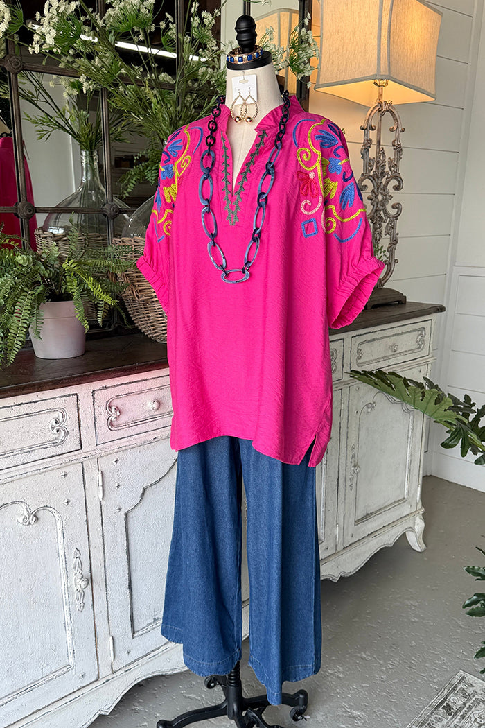 Ruffle Collar Short Sleeve Top Denim Wide Leg Two Piece Set