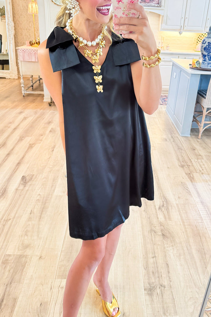 Black Bow Sleeveless Pockets Dress