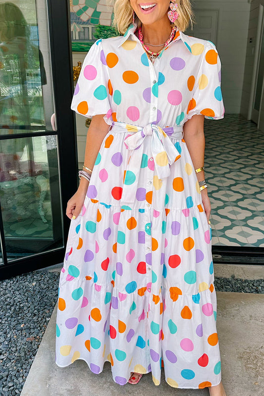 Polka Dot Button Up Belted Midi Dress
