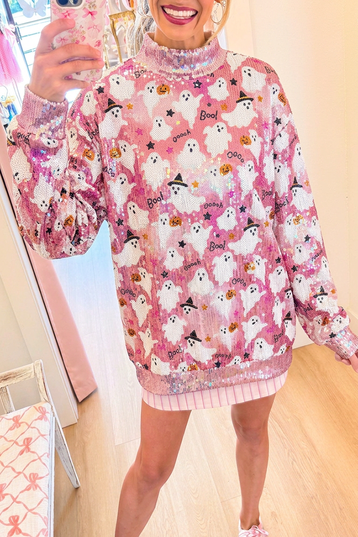 Pink Sequin Halloween Ghost Motif Mock Neck Sweatshirt