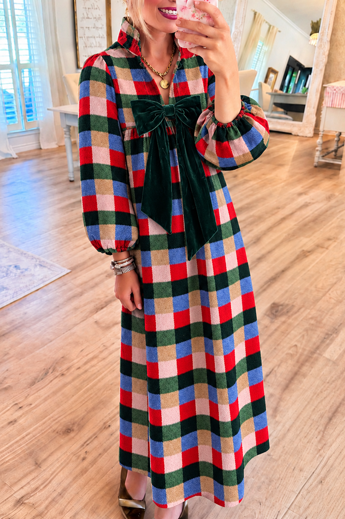Multi-Color Checkered Velvet Bow Pocket Maxi Dress