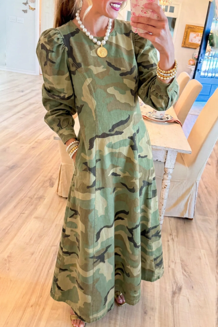 Round Neck Balloon Sleeve Camo Pocket Maxi Dress