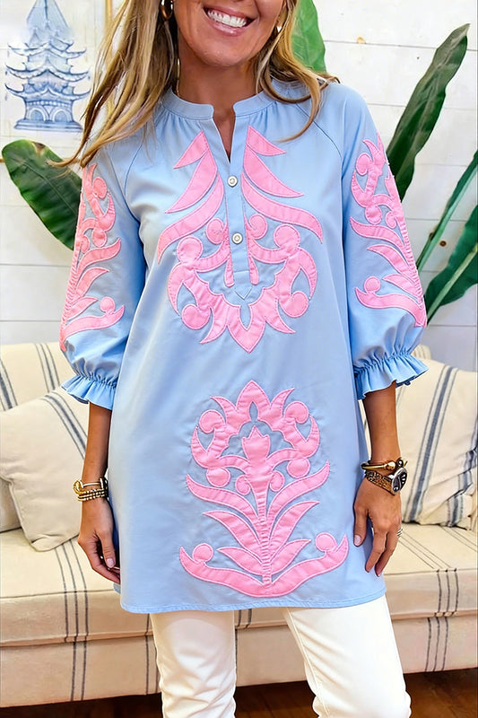 Embroidered Ruffle Cuff Tunic Top