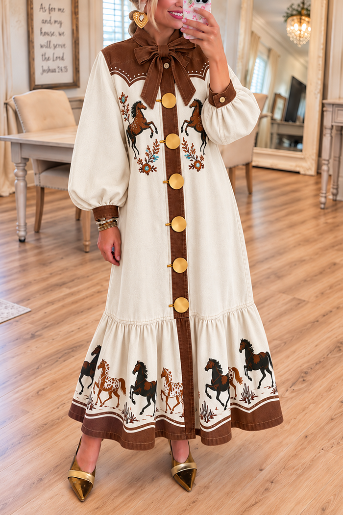 Western Bow Tie Pocket Denim Maxi Dress