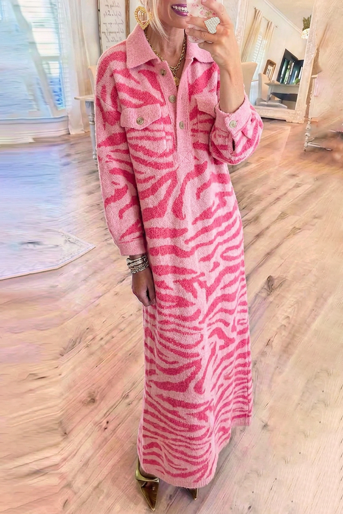 Pink Zebra Jacquard Collared Pockets Long Sleeve Maxi Sweater Dress