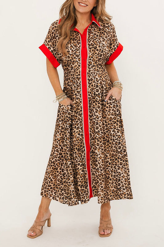 Leopard Contrast Trim Pocket Dress