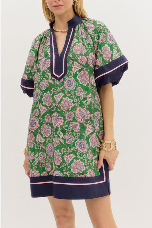 Floral Contrast Bubble Sleeve Pocket Dress