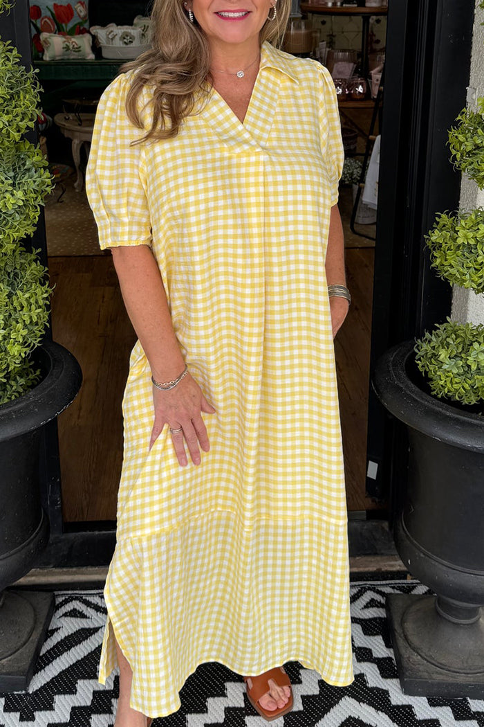 Gingham Collared  Puff Sleeve Side Slit Dress