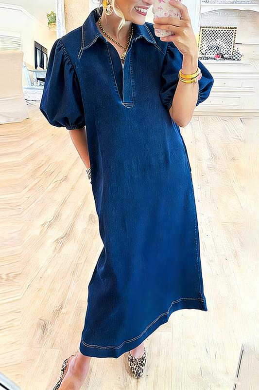 Puff Sleeve Collared Denim Maxi Dress