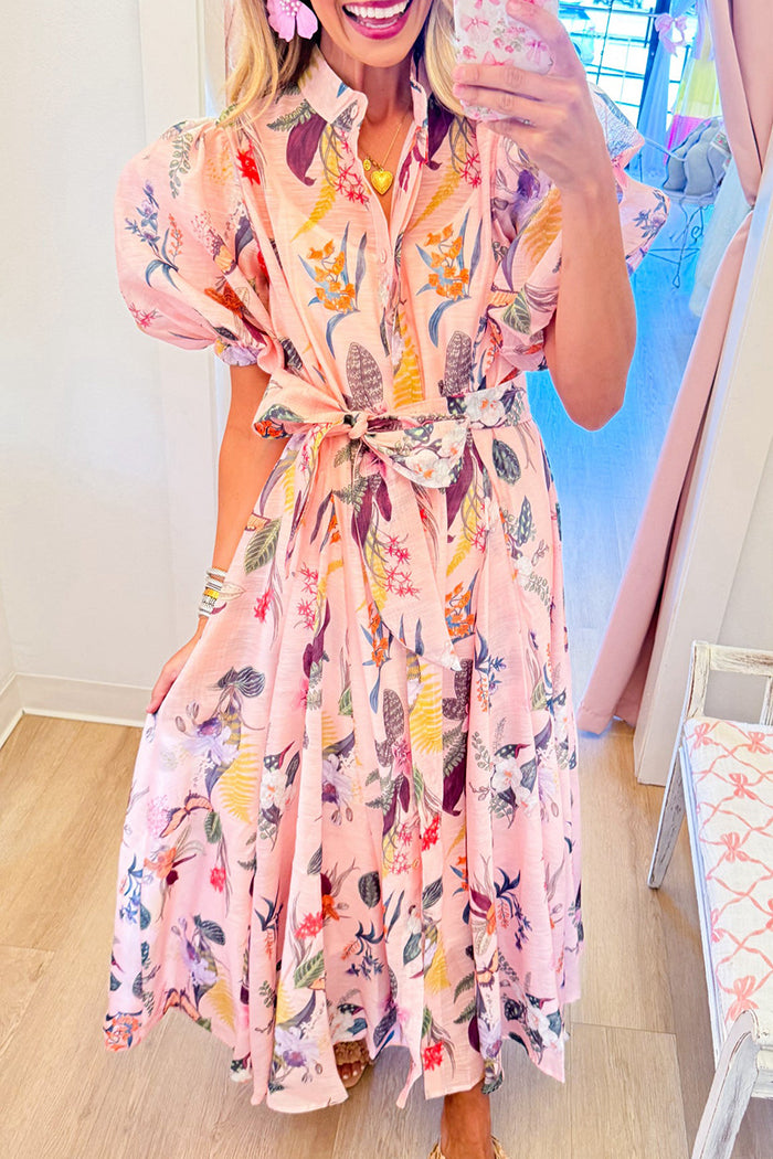 Pink Botanical Short Puff Sleeve Midi Shirtdress