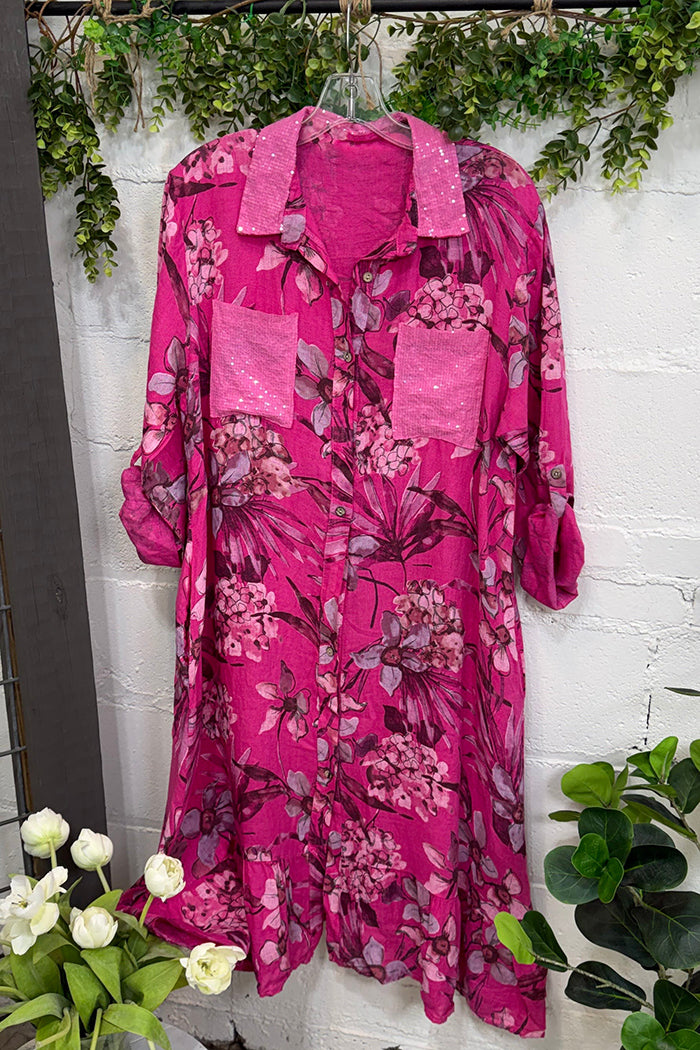 Sequin Collar Floral Button Dress