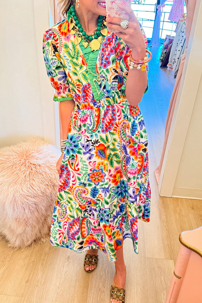 Multi Floral Ruffle Trim Pocket Midi Dress