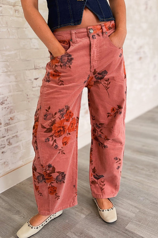 Vintage Floral Barrel Corduroy Pants
