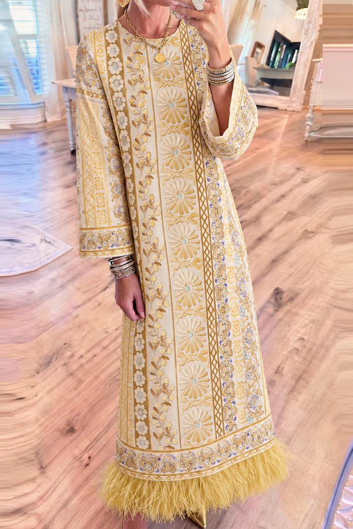 Boho Floral Feather Trim Pockets Maxi Dress