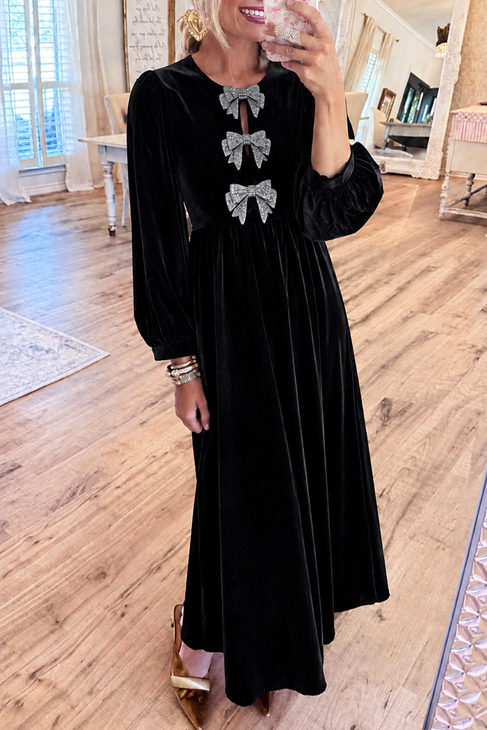 Velvet Round Neck Rhinestone Bow Puff Sleeve Maxi Dress