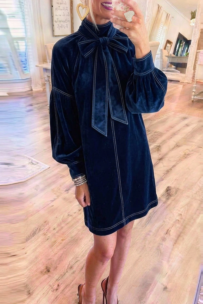 Navy Velvet Bow Neck Balloon Sleeve Shift Dress