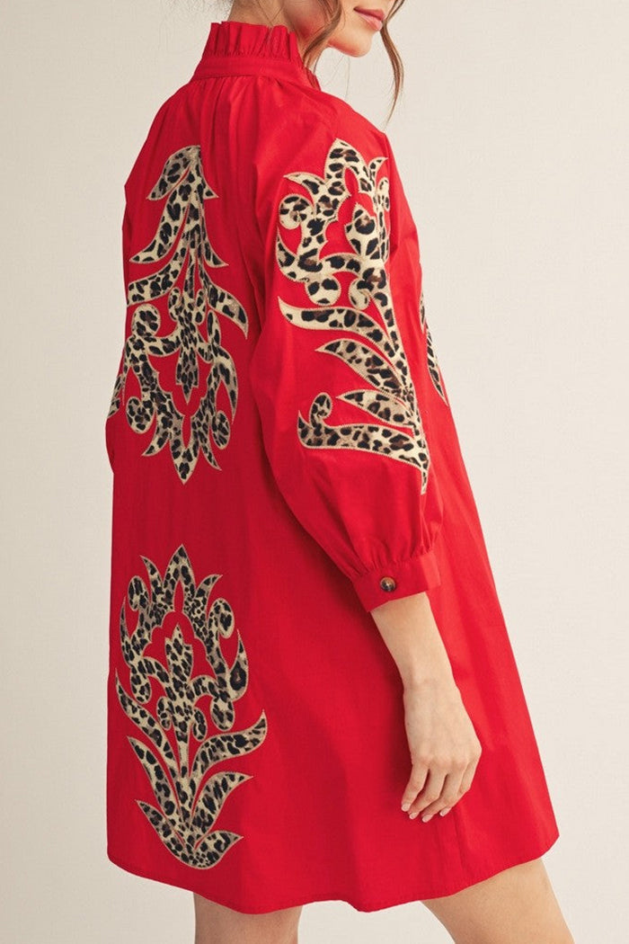Ruffled Neck Leopard Applique Dress
