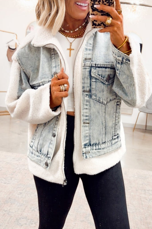 Pocketed Denim Panel Teddy Mixed Jacket