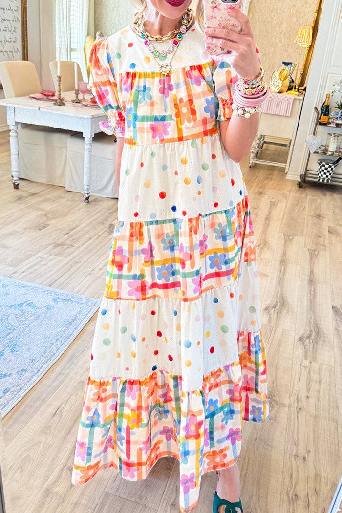 Confetti Print Puff Sleeve Tiered Midi Dress