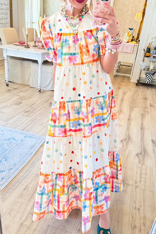 Confetti Print Puff Sleeve Tiered Midi Dress