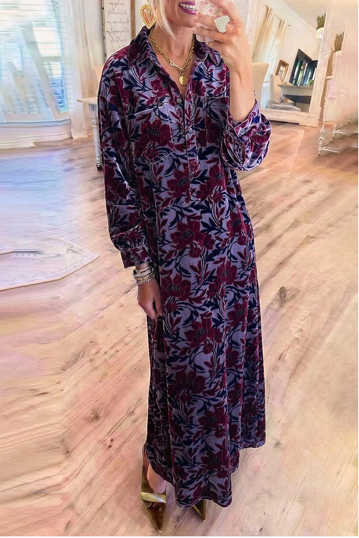 Floral Collared Chest Pocket Long Sleeve Maxi Dress