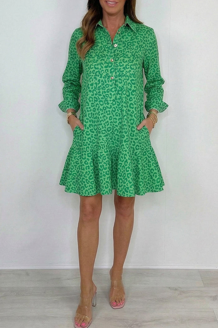 Leopard Ruffle Hem Pocket Shirt Dress
