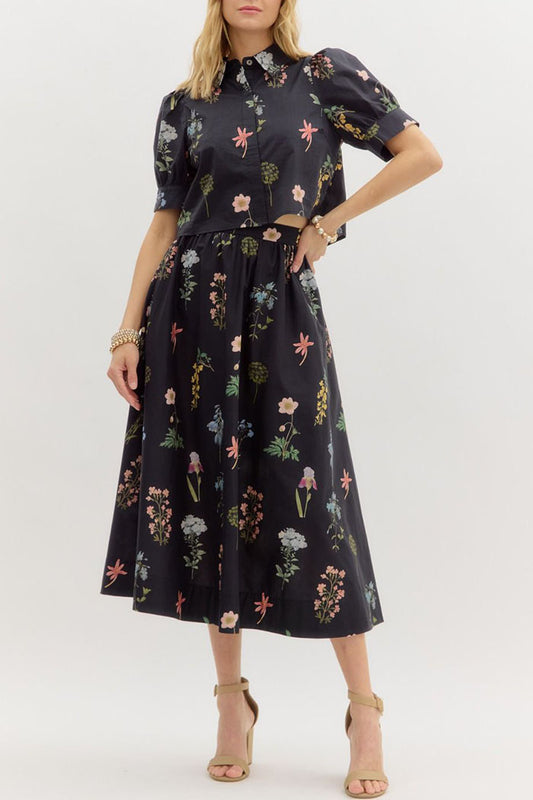 Flower Puff Sleeve Skirt Set