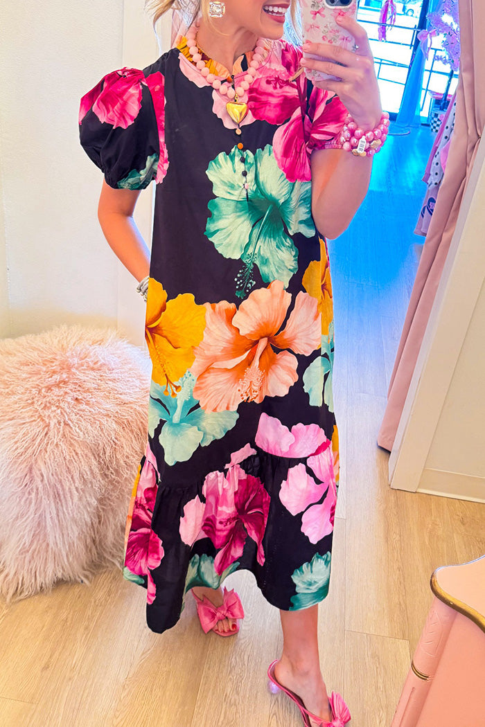 Flower Mix Puff Sleeve Maxi Dress