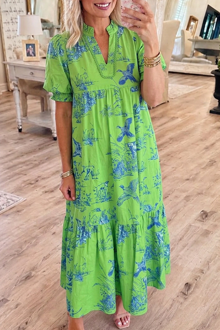 Lime Green Tiered Puff Sleeve Print Maxi Dress