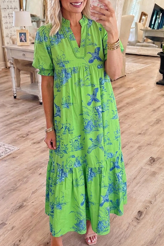 Lime Green Tiered Puff Sleeve Print Maxi Dress