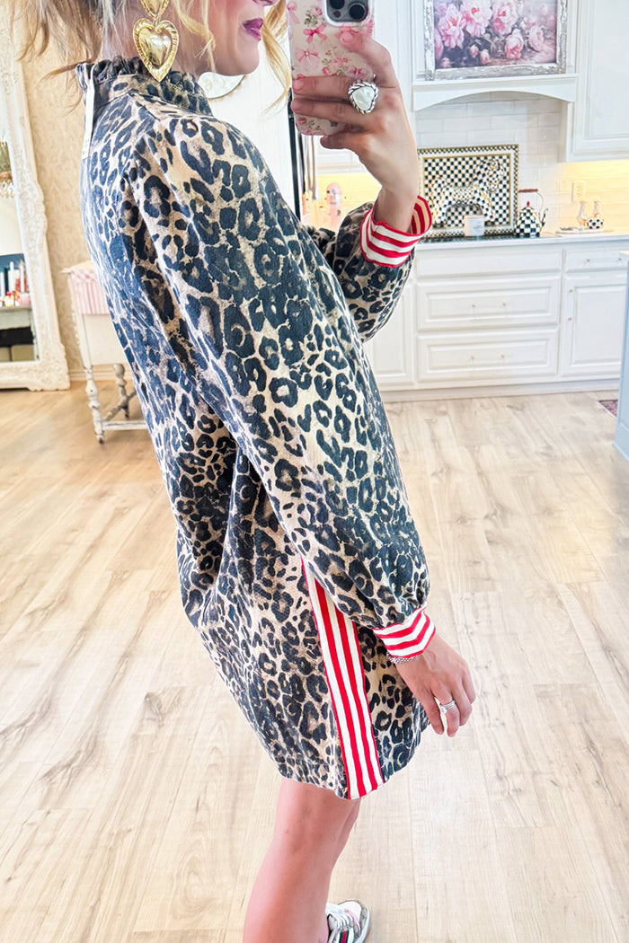 Striped Trim Leopard Pocket Dress