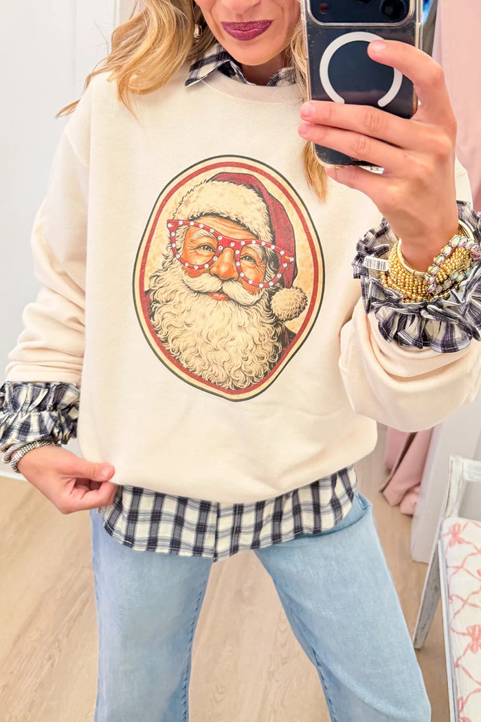 Santa Rhinestone Plaid Cuff Sweatshirt