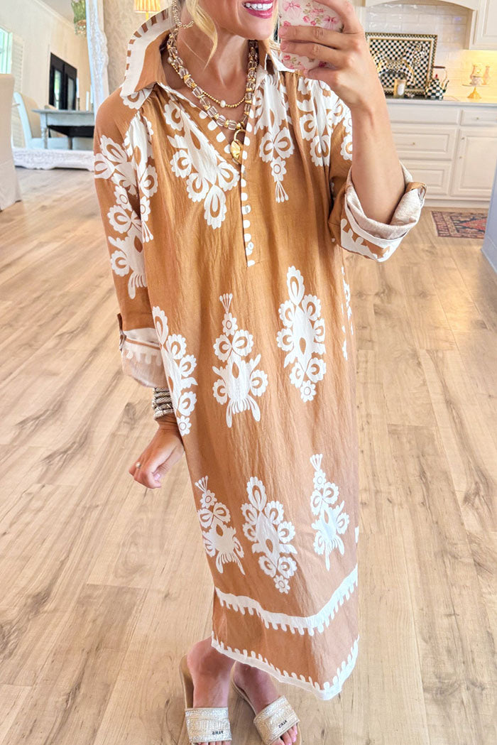 Abstract Print 3/4 Sleeves Midi Dress