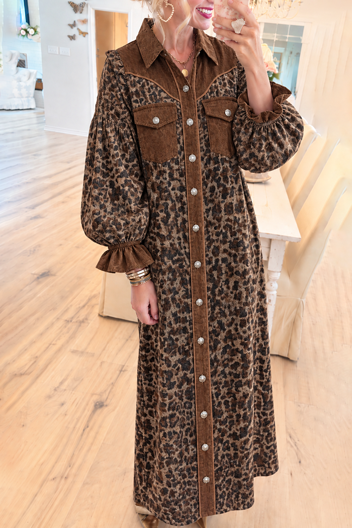 Leopard Corduroy Splicing Ruffle Cuff Pocket Maxi Dress