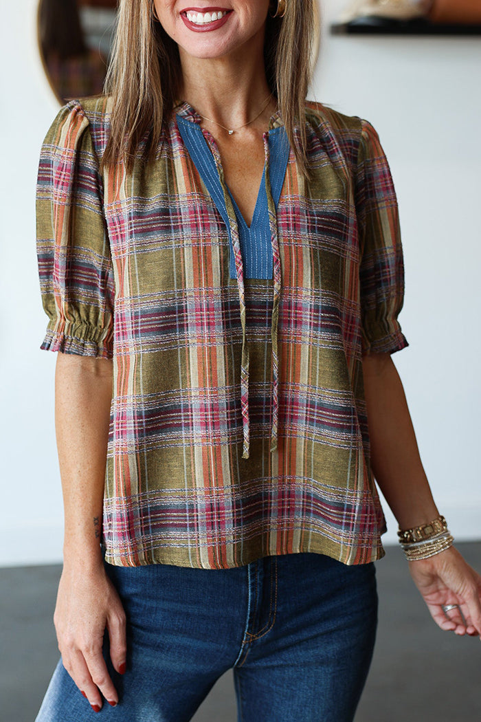 V-Neck Plaid Elastic Cuff Top