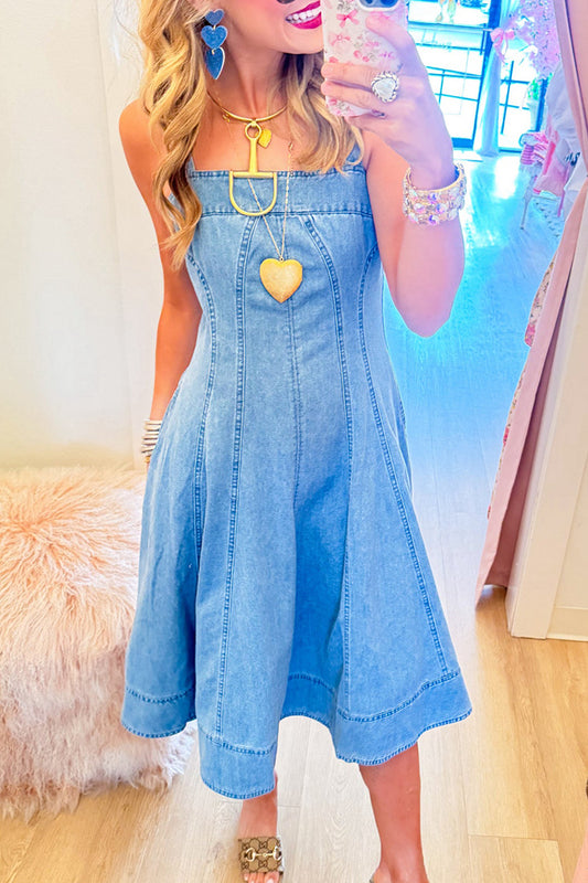Wide Strap Fit Flare Denim Dress