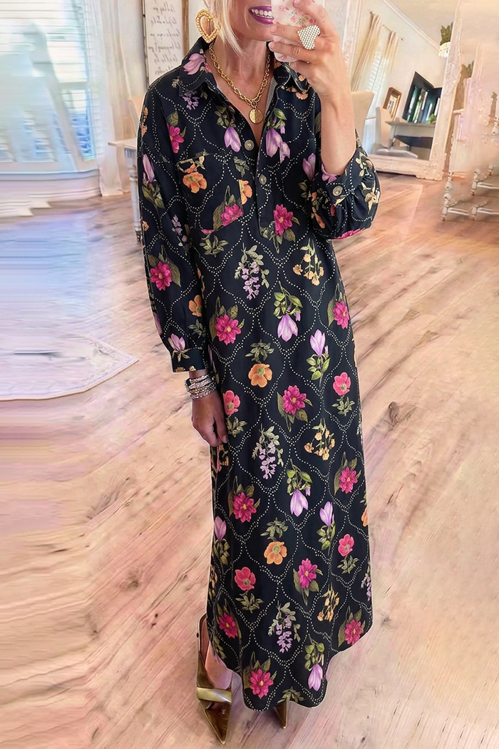 Collared Colorful Floral Long Sleeve Pocket Maxi Dress