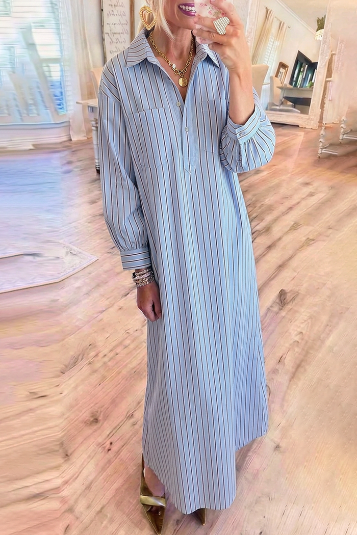Stripe Shirt Collar Pocket Maxi Dress