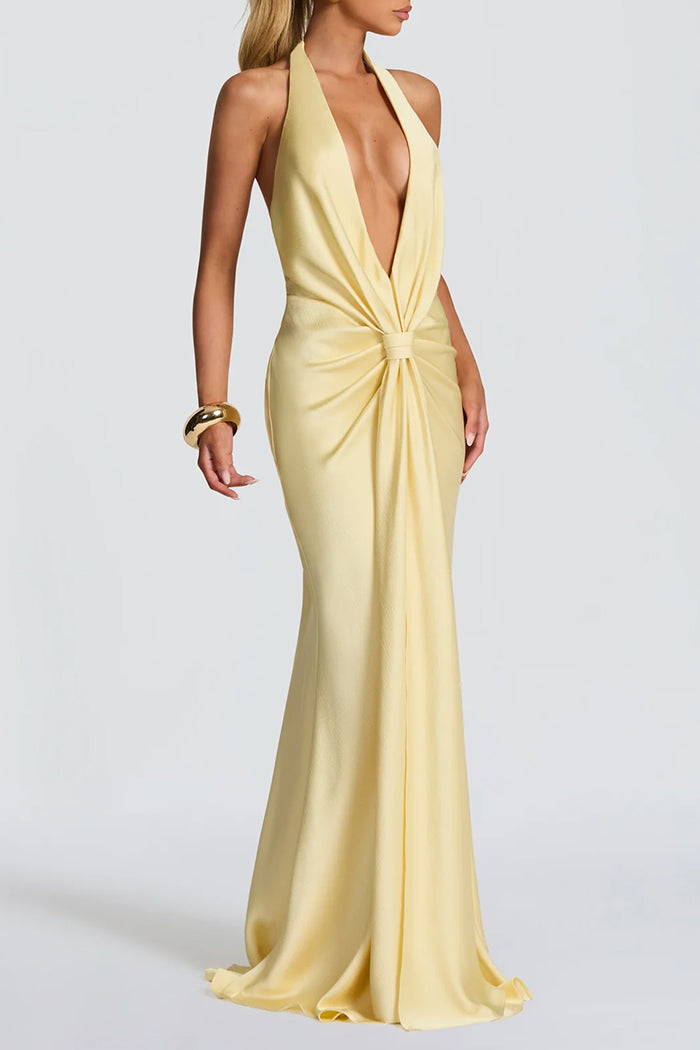 Plunge Halter Open Back Ruched Maxi Dress