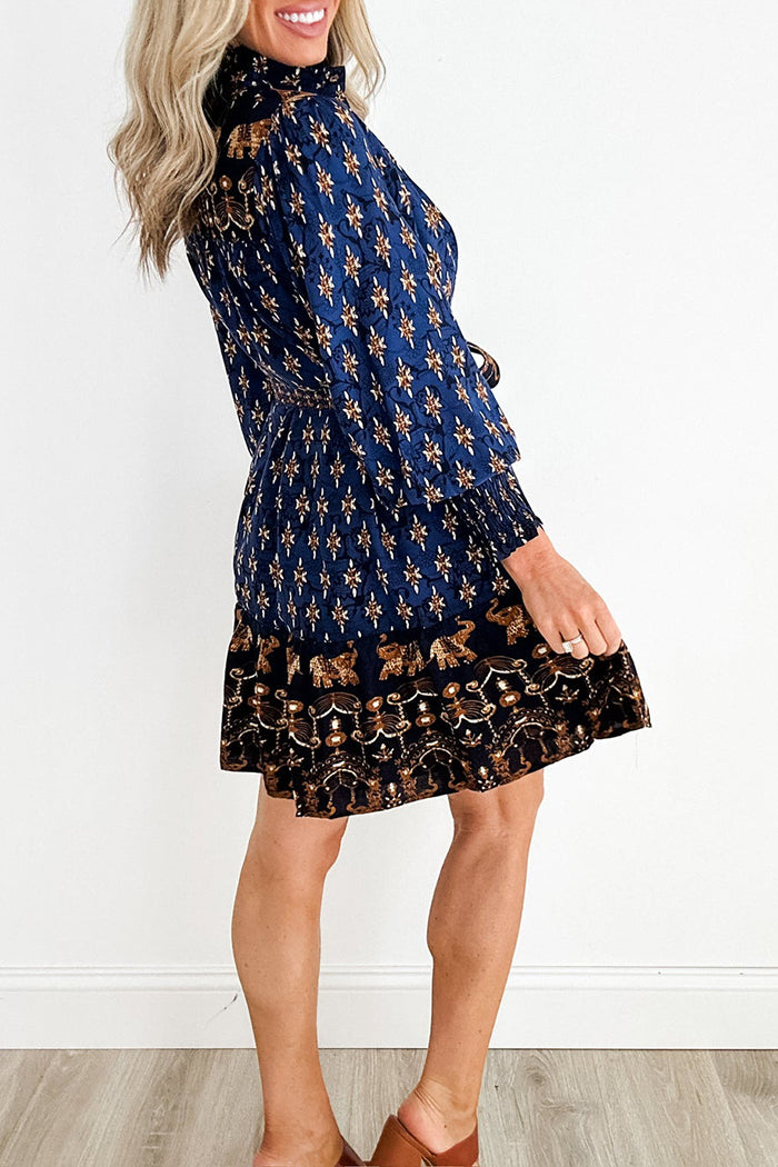 High Neck Button Printed Mini Dress
