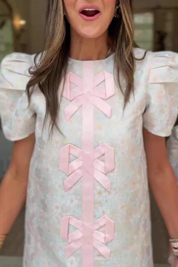 Bow Trim Puff Sleeve Shift Dress