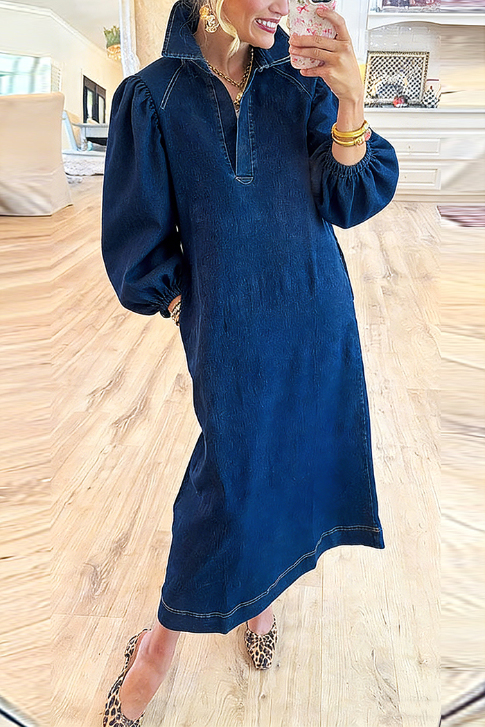 Collared Bishop Sleeve Pocket Denim Maxi Dress