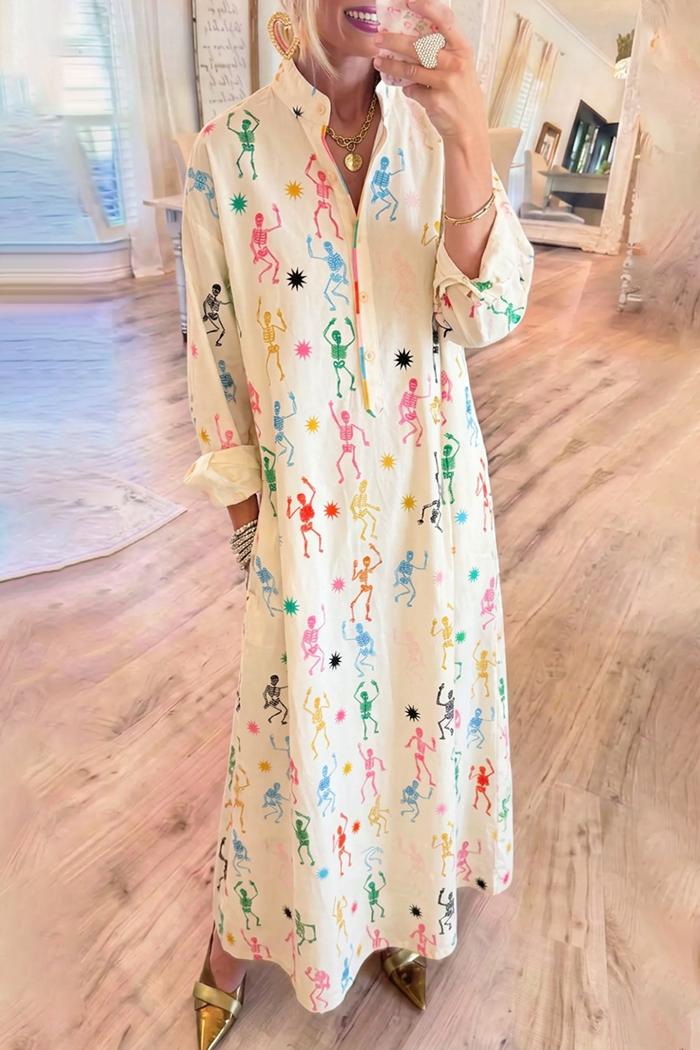 Cream Skeleton Stand Collar Pocket Maxi Dress
