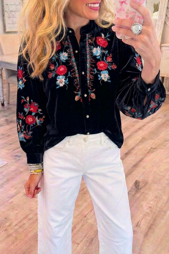 Black Velvet Colorful Floral Long Sleeve Top