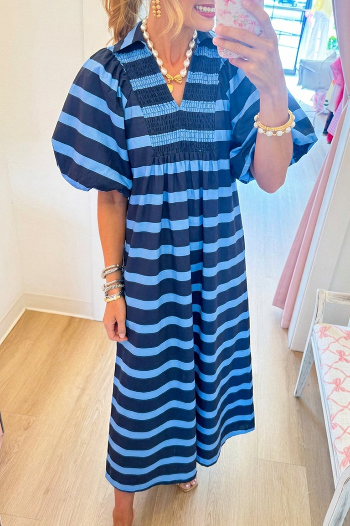 Casual Stripe Puff Sleeve Dress