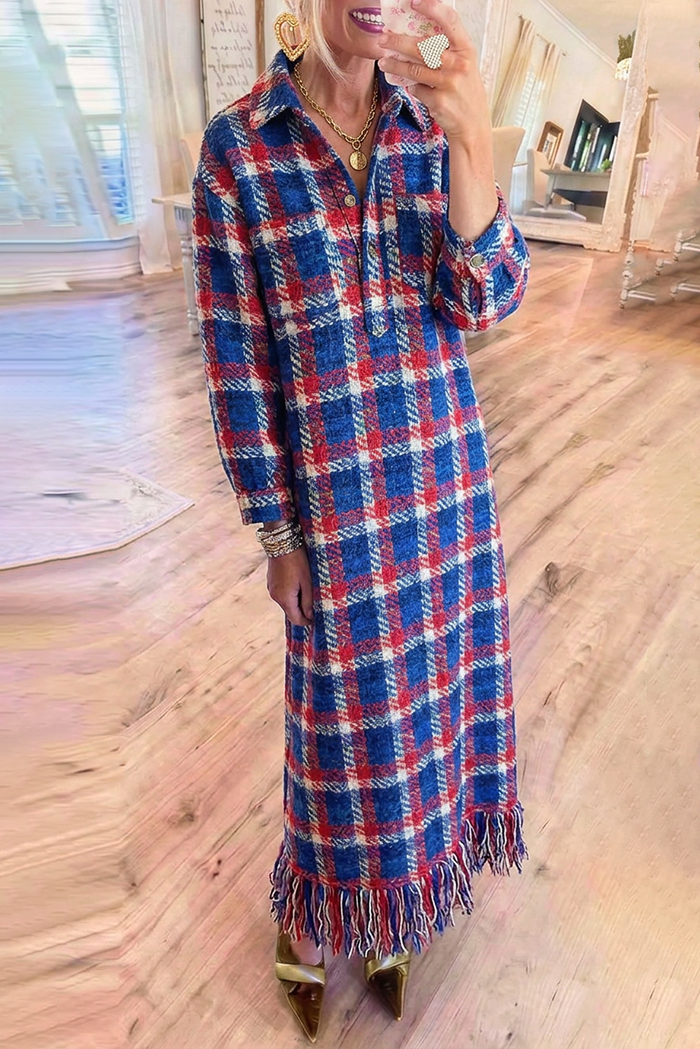 Tweed Blue Plaid Long Sleeves Fringe Hem Chest Pockets Maxi Dress