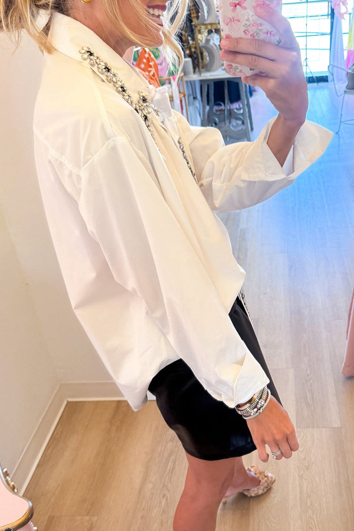 White Rhinestone Collar And Tie Long Sleeve Top