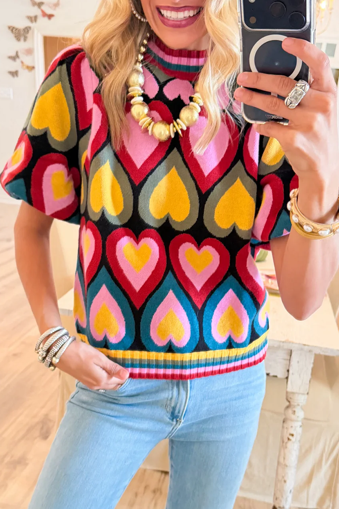 Multi Heart Bubble Sleeve Sweater